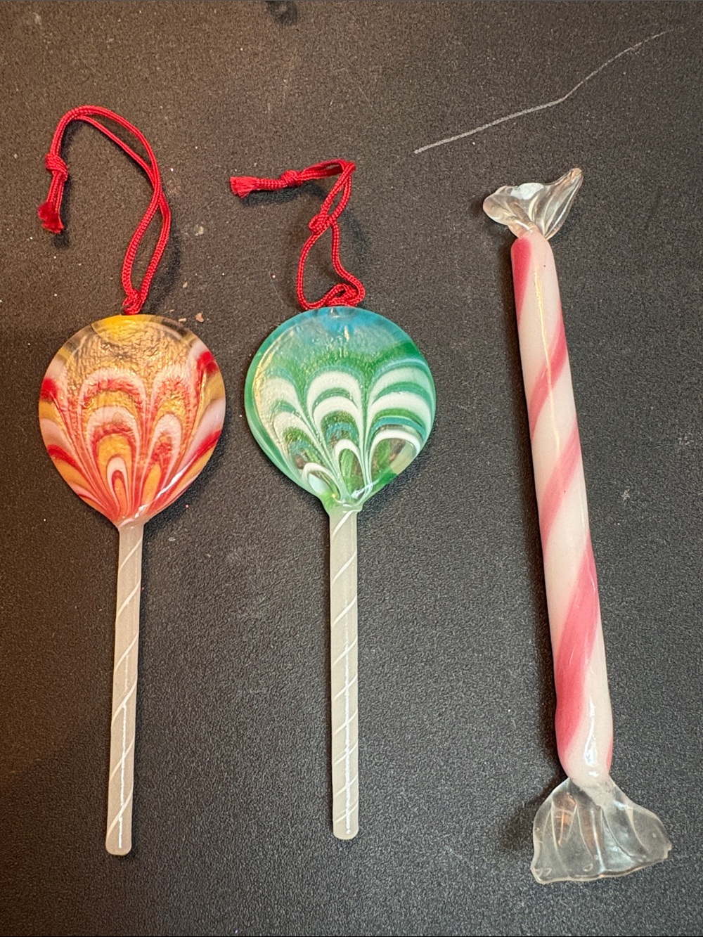 Vintage hand blown Holiday Swirl Lollipop and peppermint Ornaments